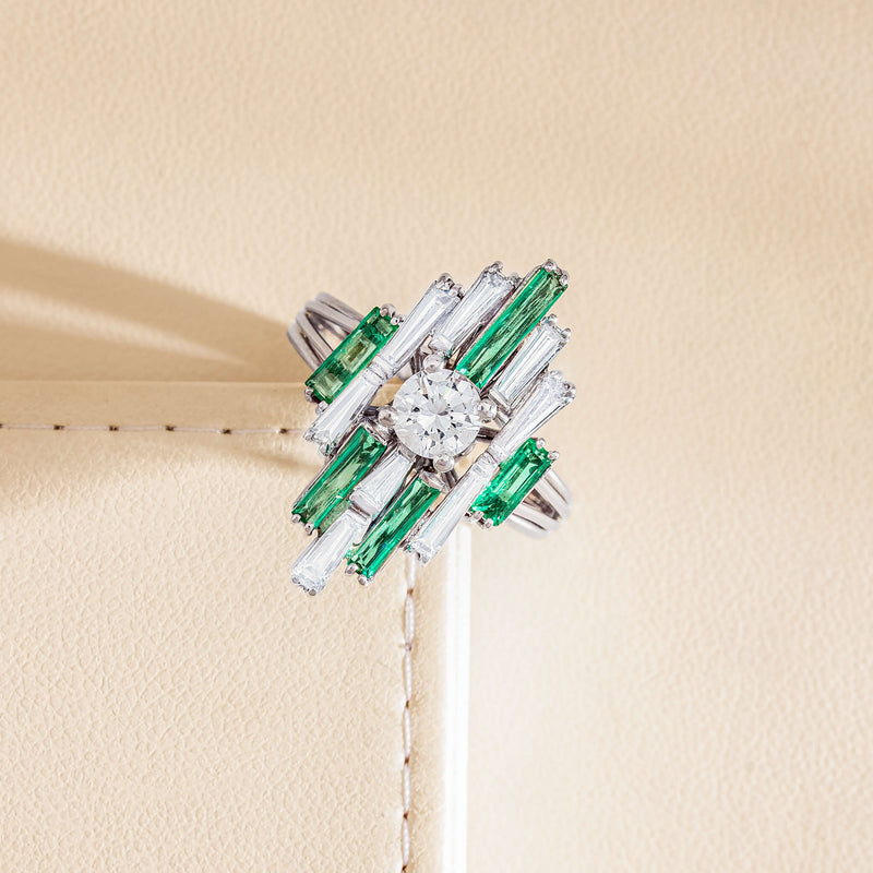 Vintage 18ct White Gold Diamond & Emerald Cluster Ring - Ring - Walker & Hall