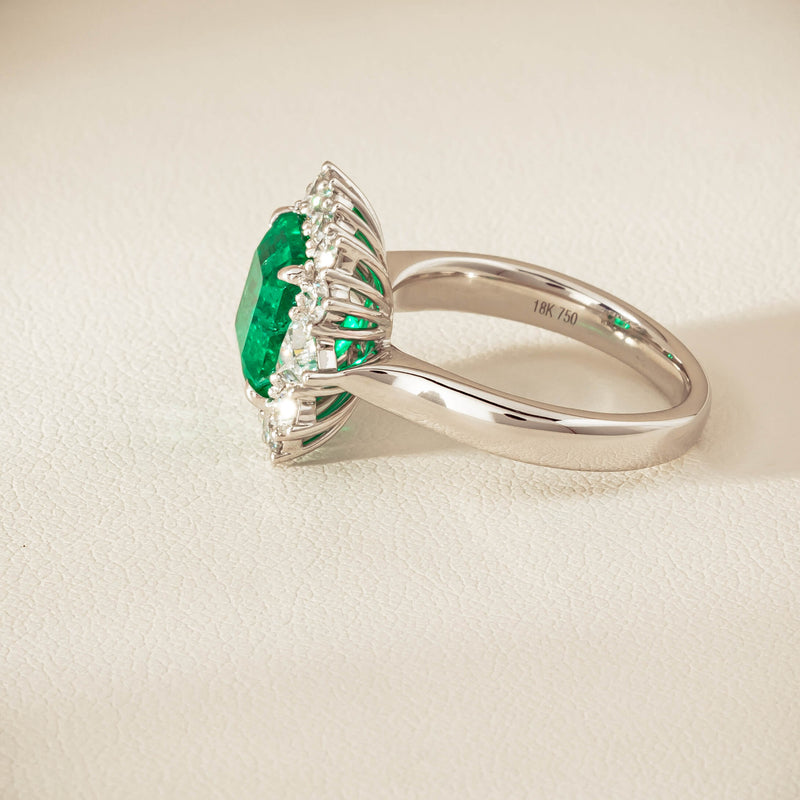 18ct White Gold 3.41ct Emerald & Diamond Cluster Ring - Ring - Walker & Hall