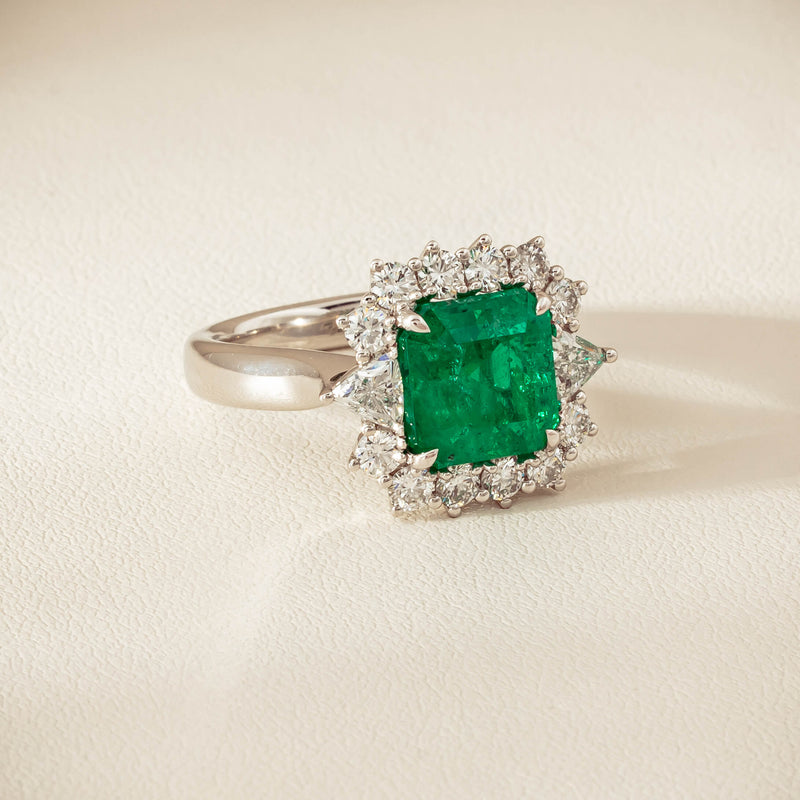 18ct White Gold 3.41ct Emerald & Diamond Cluster Ring - Ring - Walker & Hall