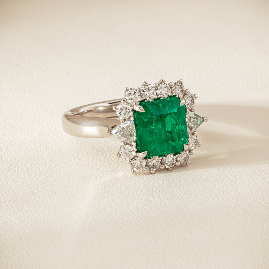 18ct White Gold 3.41ct Emerald & Diamond Cluster Ring - Ring - Walker & Hall