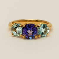 18ct Yellow Gold Tanzanite & Aquamarine Three Stone Octavia Ring - Ring - Walker & Hall