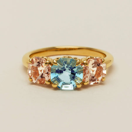 18ct Yellow Gold Aquamarine & Morganite Three Stone Octavia Ring - Ring - Walker & Hall