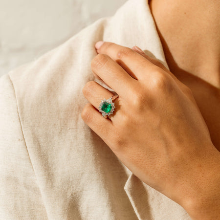 Platinum 2.10ct Emerald & Diamond Cluster Ring - Ring - Walker & Hall