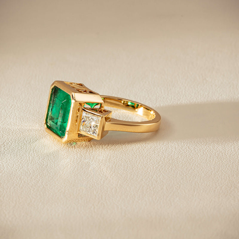 18ct Yellow Gold 5.07ct Emerald & Princess-Cut Diamond Ring - Ring - Walker & Hall