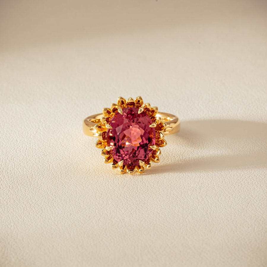 18ct Yellow Gold 5.32ct Pink Tourmaline Protea Ring - Ring - Walker & Hall