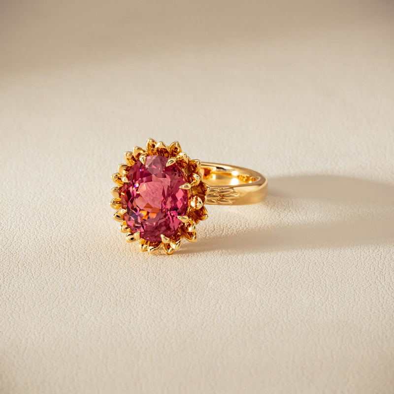 18ct Yellow Gold 5.32ct Pink Tourmaline Protea Ring - Ring - Walker & Hall