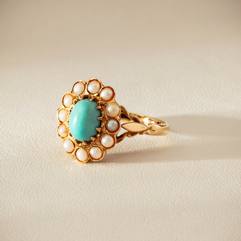 Deja Vu 9ct Yellow Gold Turquoise & Seed Pearl Ring - Ring - Walker & Hall