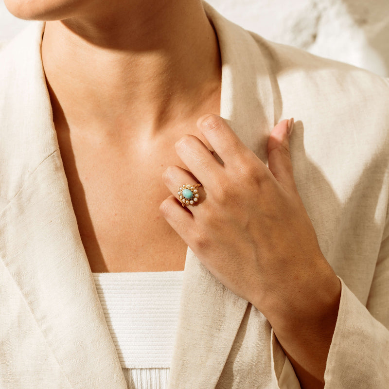 Deja Vu 9ct Yellow Gold Turquoise & Seed Pearl Ring - Ring - Walker & Hall