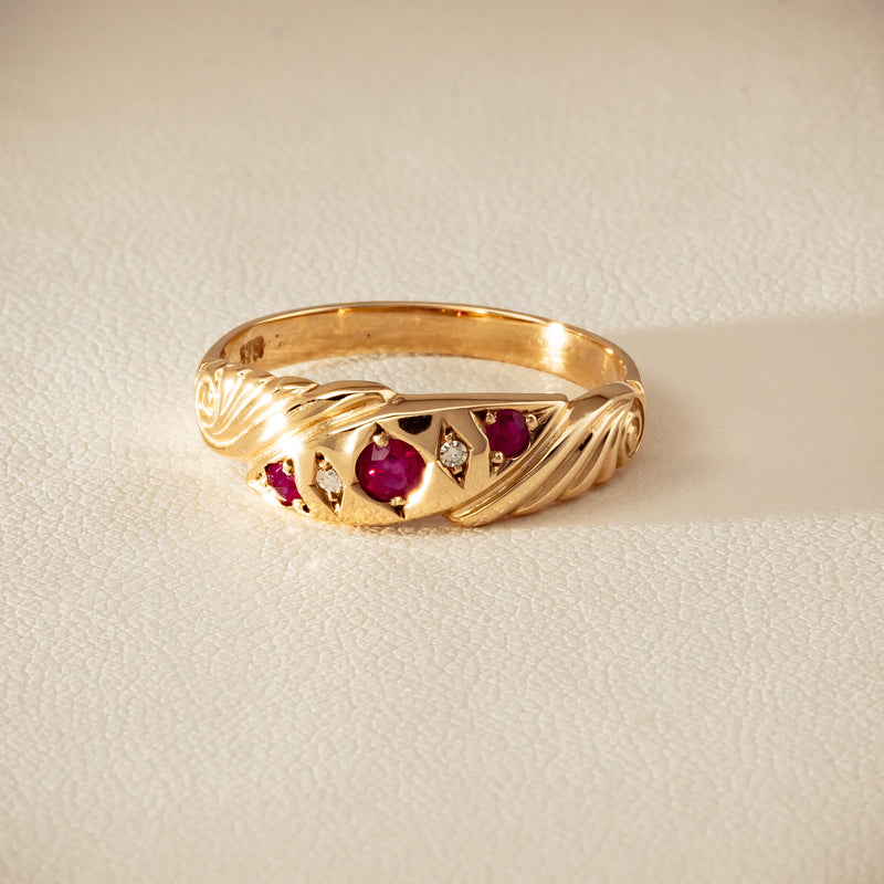 Deja Vu 9ct Yellow Gold Ruby & Diamond Scroll Ring - Ring - Walker & Hall