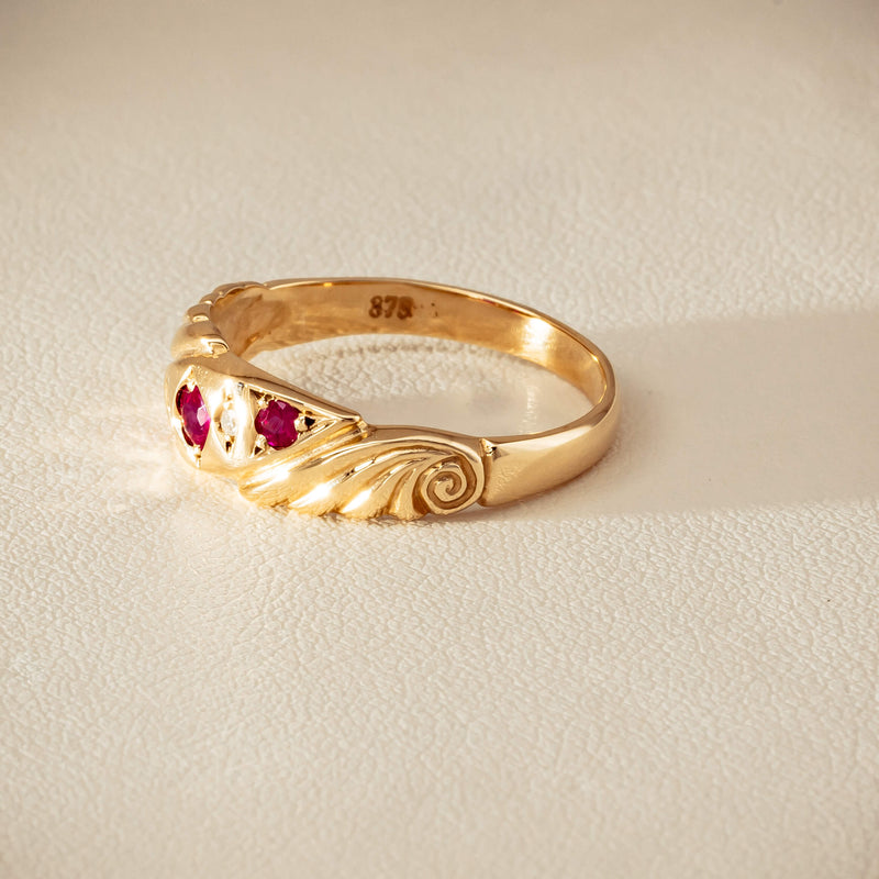 Deja Vu 9ct Yellow Gold Ruby & Diamond Scroll Ring - Ring - Walker & Hall