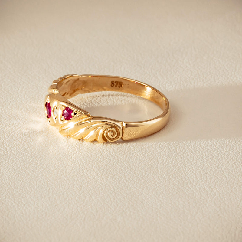 Deja Vu 9ct Yellow Gold Ruby & Diamond Scroll Ring - Ring - Walker & Hall