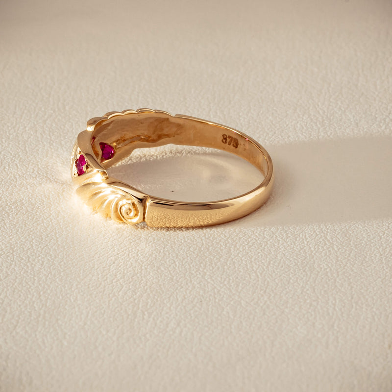 Deja Vu 9ct Yellow Gold Ruby & Diamond Scroll Ring - Ring - Walker & Hall