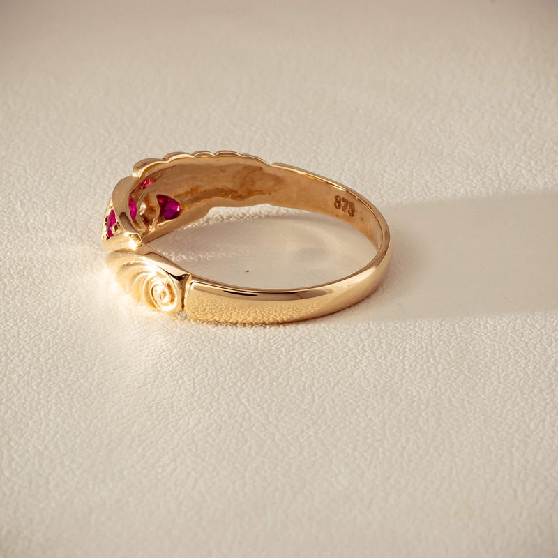 Deja Vu 9ct Yellow Gold Ruby & Diamond Scroll Ring - Ring - Walker & Hall