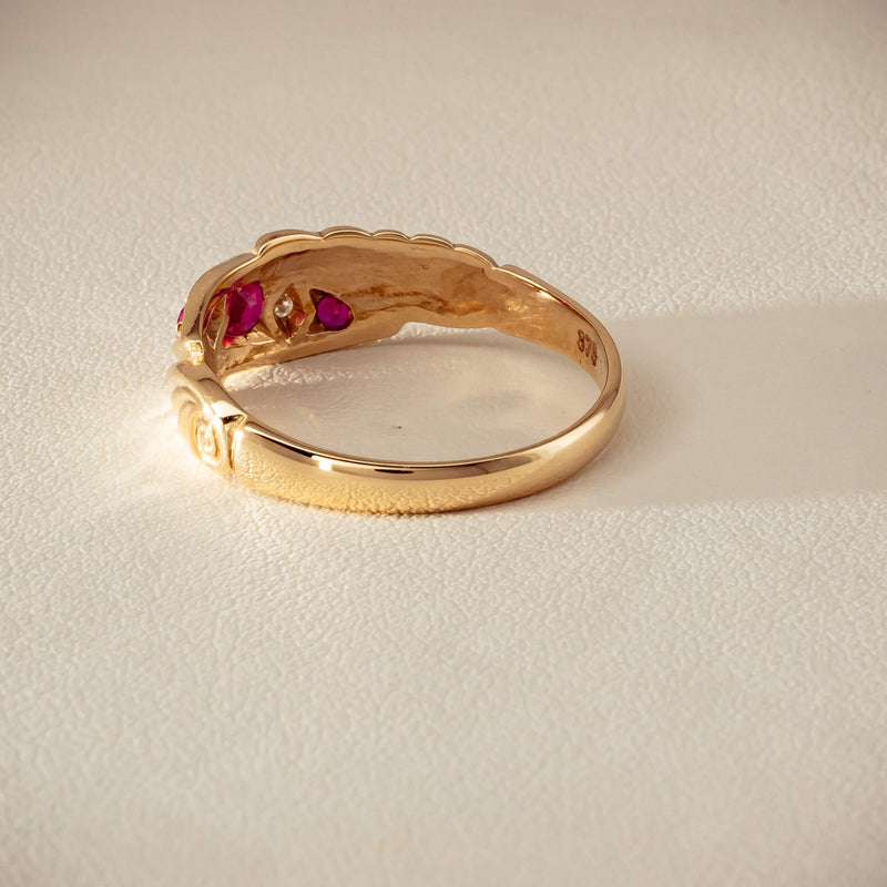 Deja Vu 9ct Yellow Gold Ruby & Diamond Scroll Ring - Ring - Walker & Hall