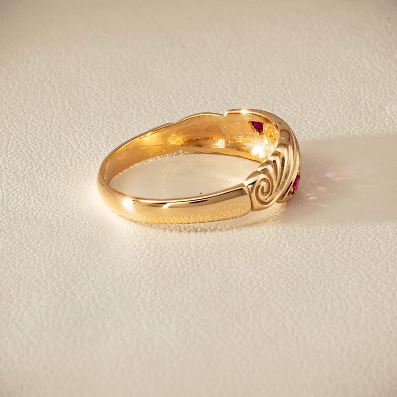 Deja Vu 9ct Yellow Gold Ruby & Diamond Scroll Ring - Ring - Walker & Hall