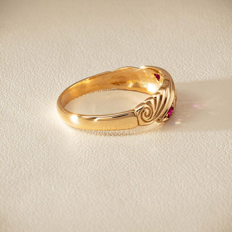 Deja Vu 9ct Yellow Gold Ruby & Diamond Scroll Ring - Ring - Walker & Hall
