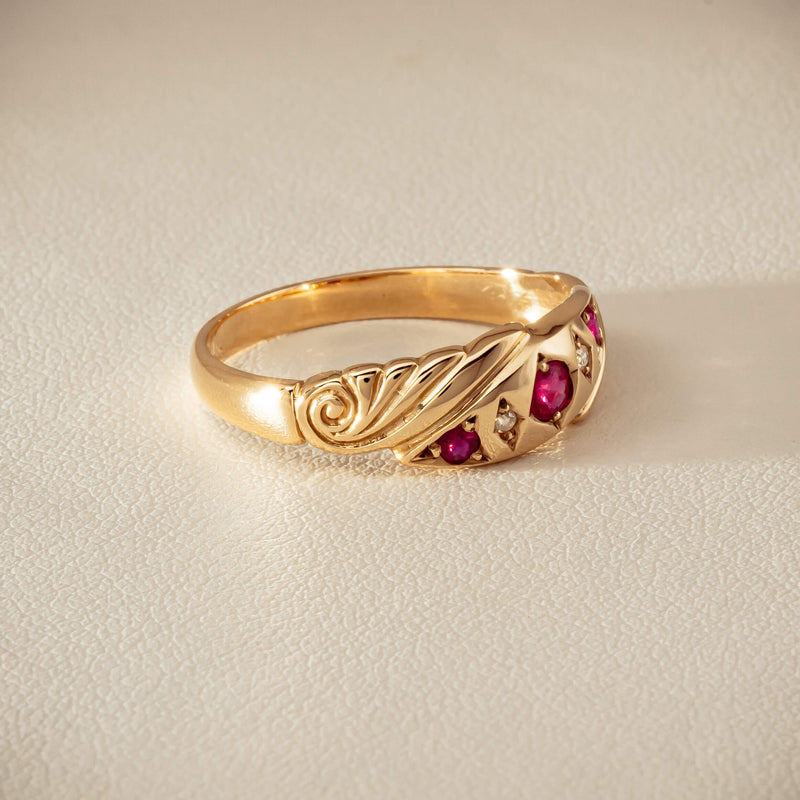 Deja Vu 9ct Yellow Gold Ruby & Diamond Scroll Ring - Ring - Walker & Hall