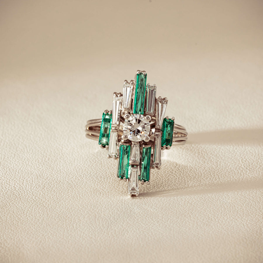 Vintage 18ct White Gold Diamond & Emerald Cluster Ring - Ring - Walker & Hall