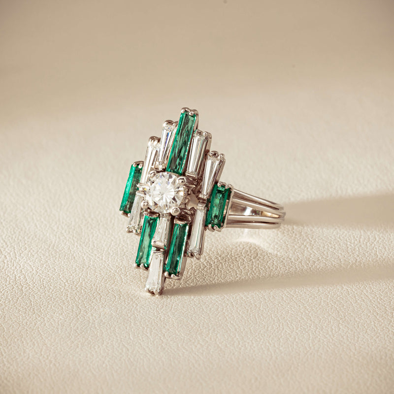 Vintage 18ct White Gold Diamond & Emerald Cluster Ring - Ring - Walker & Hall