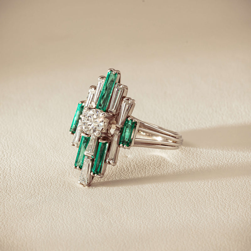 Vintage 18ct White Gold Diamond & Emerald Cluster Ring - Ring - Walker & Hall