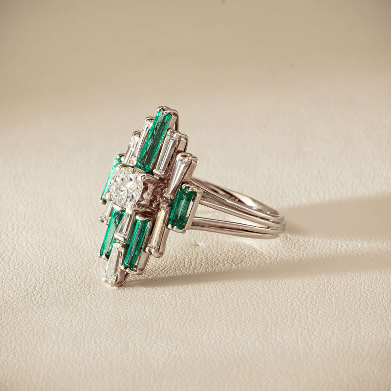 Vintage 18ct White Gold Diamond & Emerald Cluster Ring - Ring - Walker & Hall