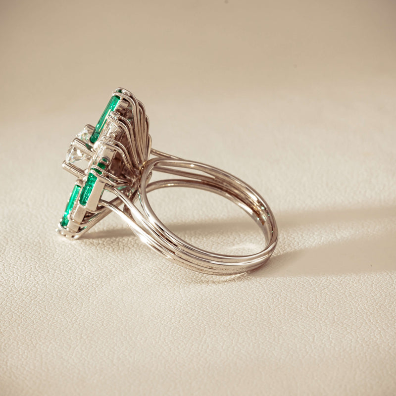 Vintage 18ct White Gold Diamond & Emerald Cluster Ring - Ring - Walker & Hall