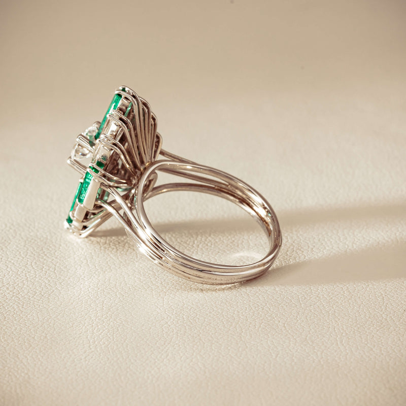 Vintage 18ct White Gold Diamond & Emerald Cluster Ring - Ring - Walker & Hall