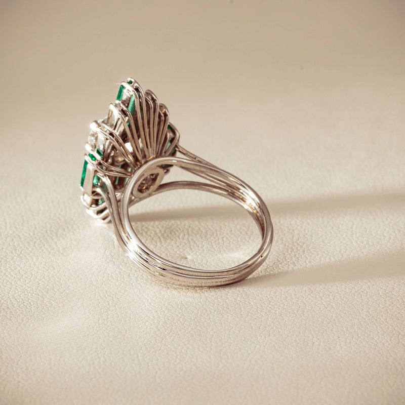 Vintage 18ct White Gold Diamond & Emerald Cluster Ring - Ring - Walker & Hall