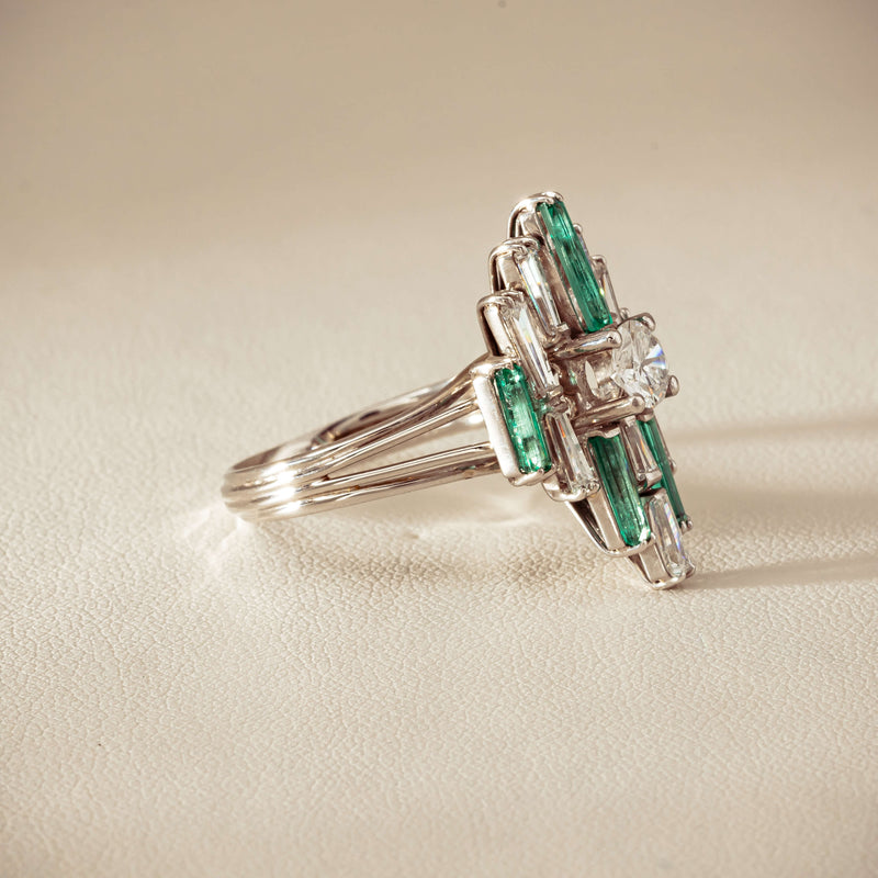 Vintage 18ct White Gold Diamond & Emerald Cluster Ring - Ring - Walker & Hall