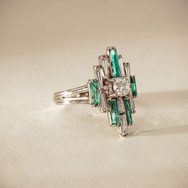 Vintage 18ct White Gold Diamond & Emerald Cluster Ring - Ring - Walker & Hall