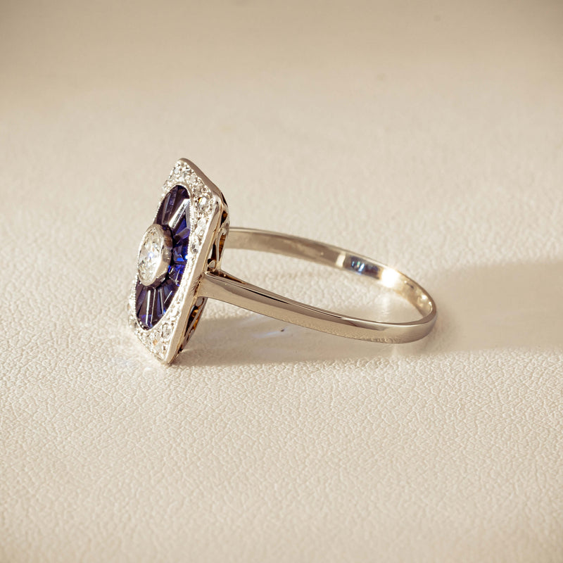Vintage 15ct/18ct White Gold Diamond & Sapphire Ring - Ring - Walker & Hall