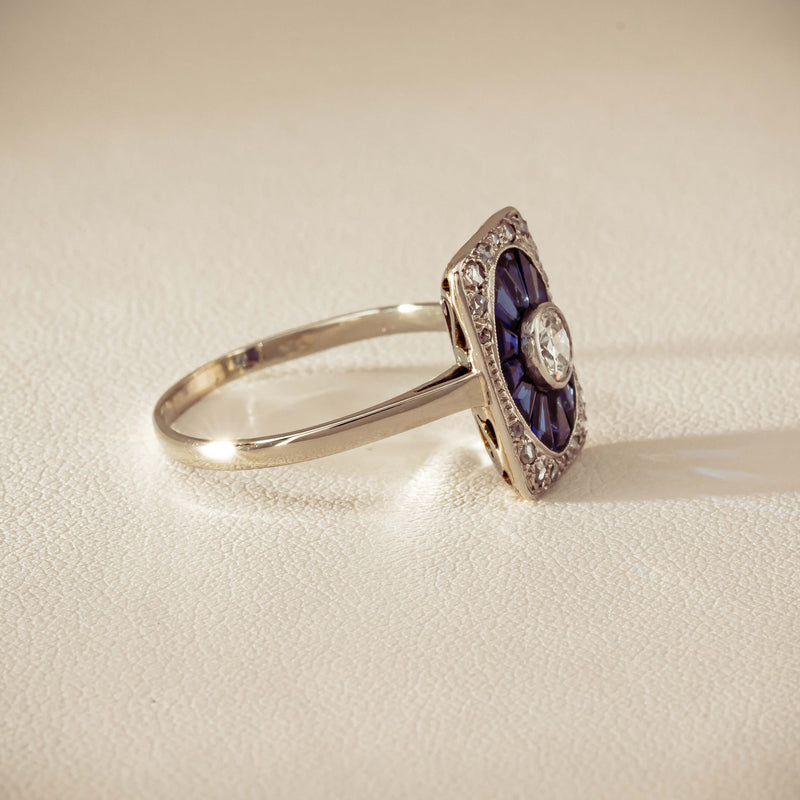 Vintage 15ct/18ct White Gold Diamond & Sapphire Ring - Ring - Walker & Hall