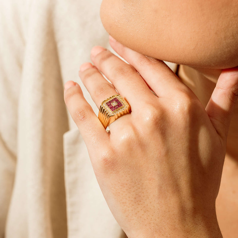 Deja Vu 18ct Yellow Gold Pink Sapphire Diamond Signet Ring - Ring - Walker & Hall