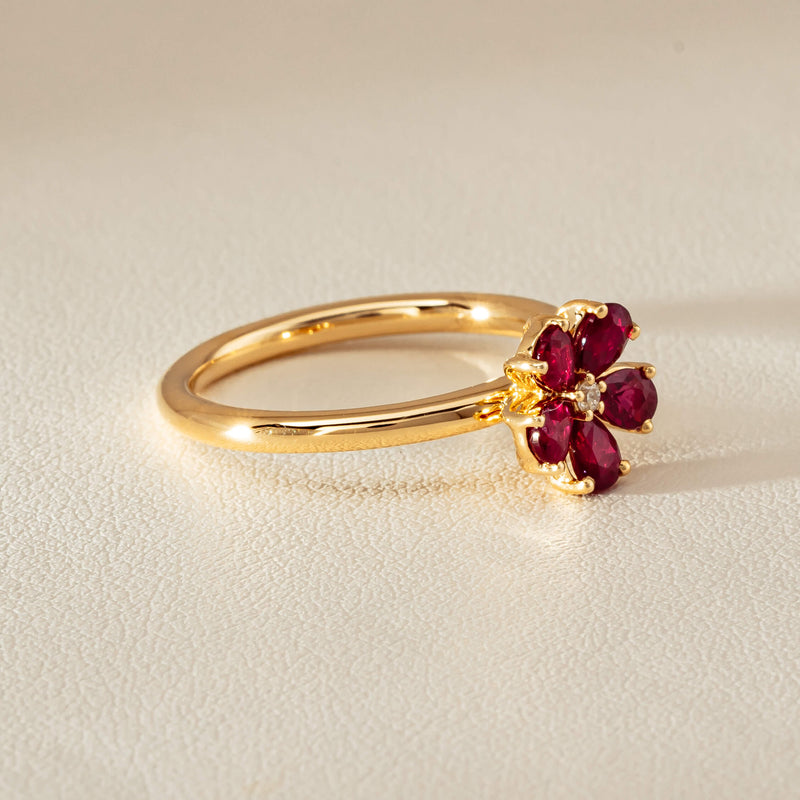 18ct Yellow Gold Ruby & Diamond Forget-Me-Not Ring - Ring - Walker & Hall