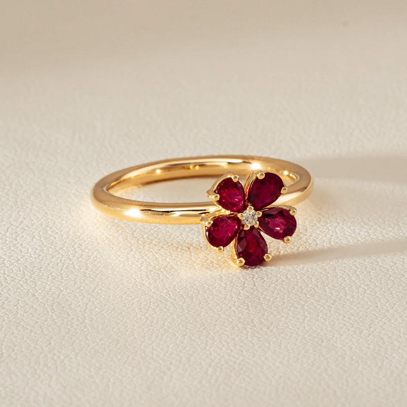 18ct Yellow Gold Ruby & Diamond Forget-Me-Not Ring - Ring - Walker & Hall