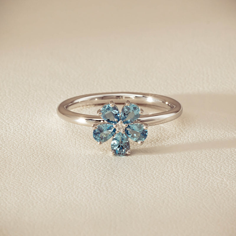 18ct White Gold Aquamarine & Diamond Forget-Me-Not Ring - Ring - Walker & Hall