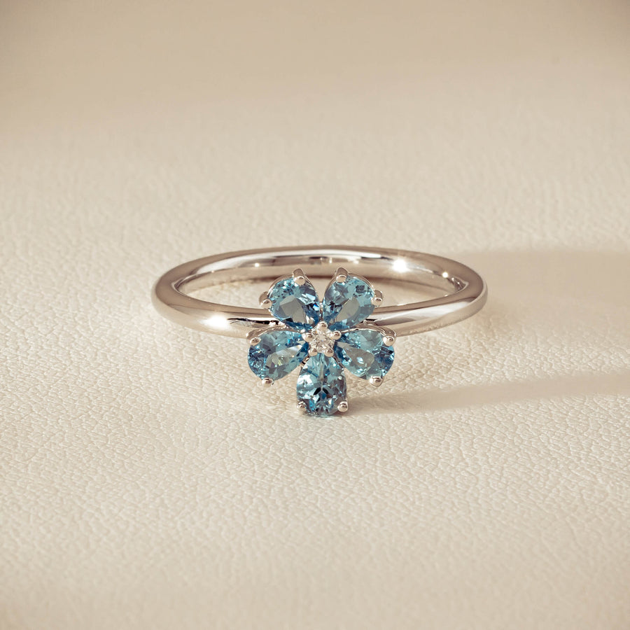 18ct White Gold Aquamarine & Diamond Forget-Me-Not Ring - Ring - Walker & Hall