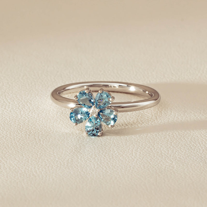 18ct White Gold Aquamarine & Diamond Forget-Me-Not Ring - Ring - Walker & Hall