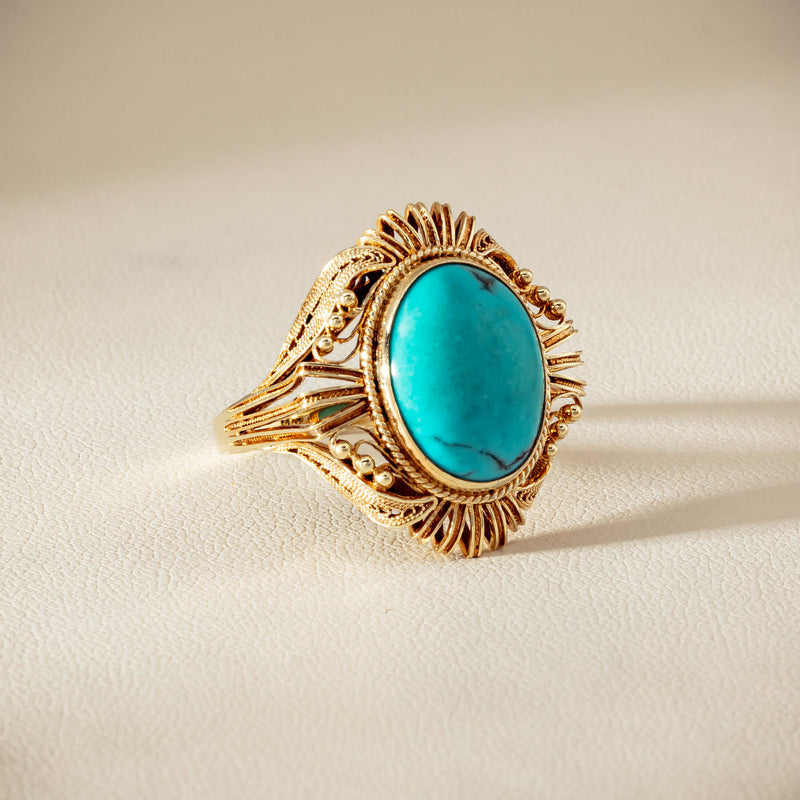 Deja Vu 14ct Yellow Gold Oval Turquoise Filigree Ring