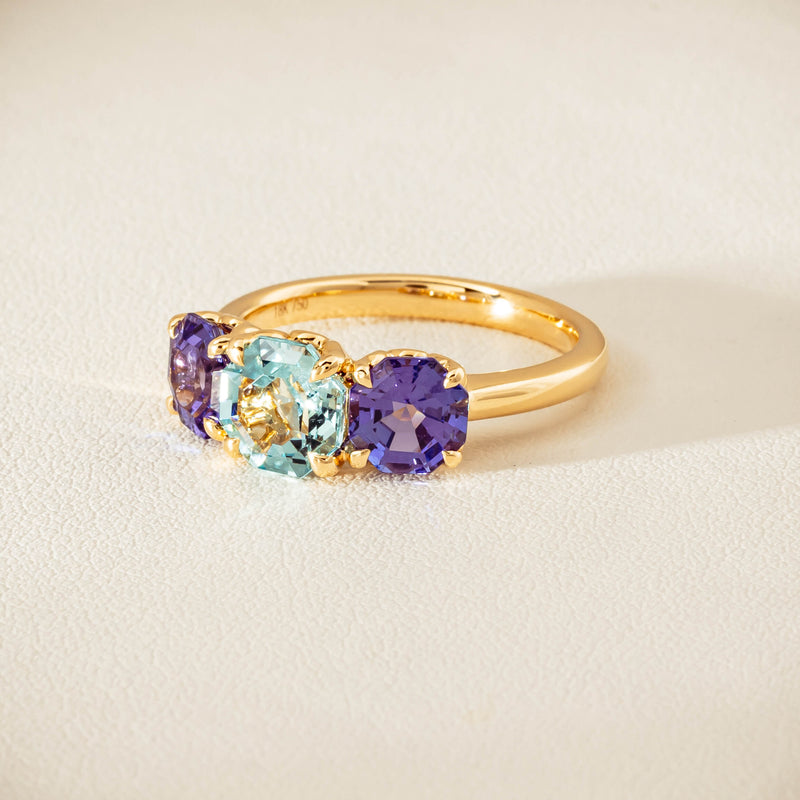 18ct Yellow Gold Aquamarine & Tanzanite Three Stone Octavia Ring - Ring - Walker & Hall