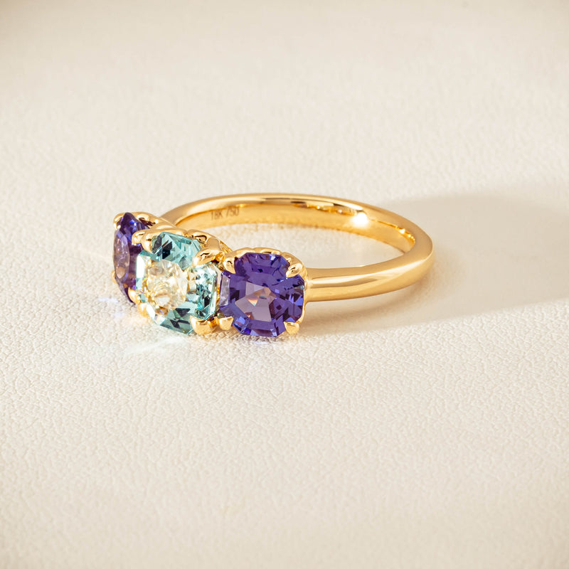 18ct Yellow Gold Aquamarine & Tanzanite Three Stone Octavia Ring - Ring - Walker & Hall