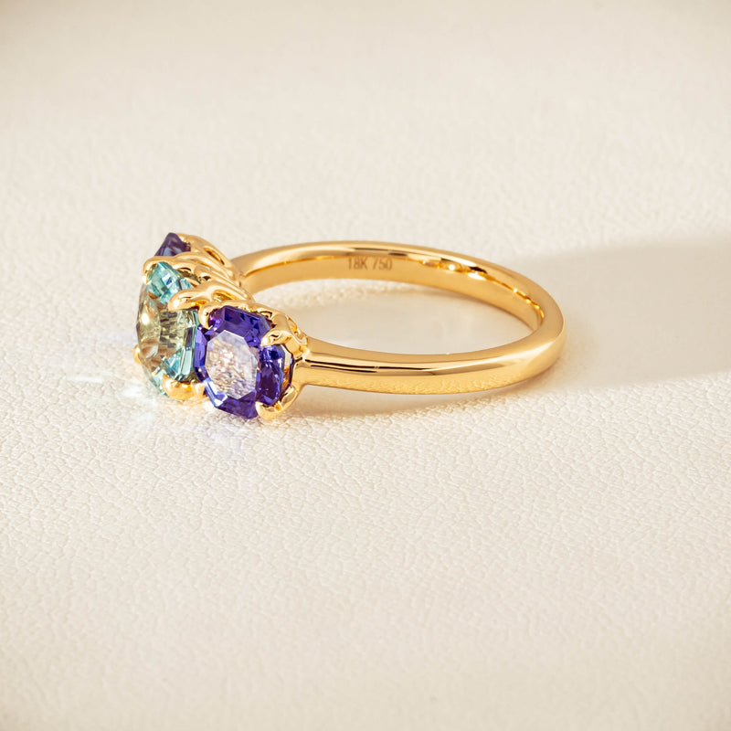 18ct Yellow Gold Aquamarine & Tanzanite Three Stone Octavia Ring - Ring - Walker & Hall