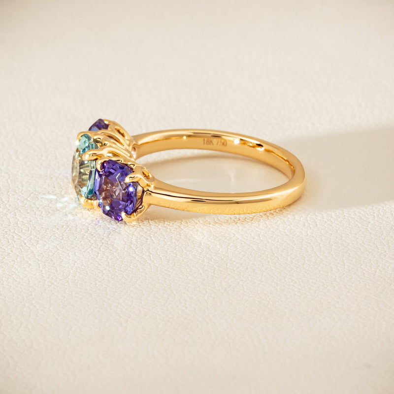 18ct Yellow Gold Aquamarine & Tanzanite Three Stone Octavia Ring - Ring - Walker & Hall