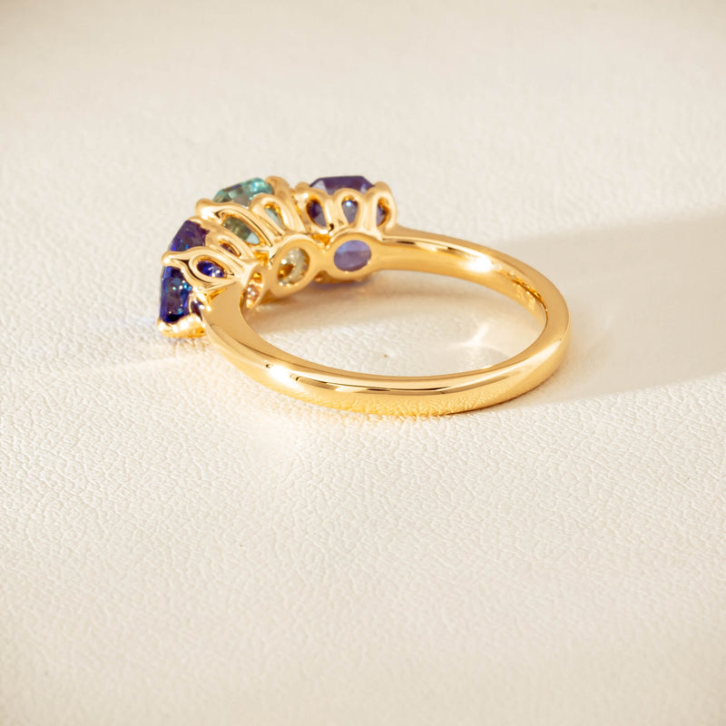 18ct Yellow Gold Aquamarine & Tanzanite Three Stone Octavia Ring - Ring - Walker & Hall