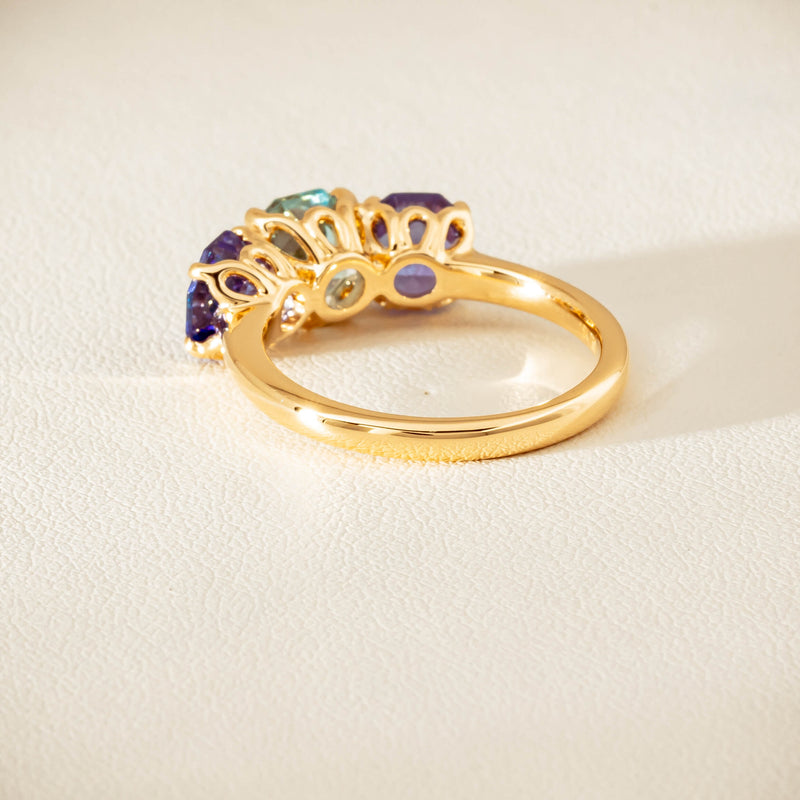18ct Yellow Gold Aquamarine & Tanzanite Three Stone Octavia Ring - Ring - Walker & Hall