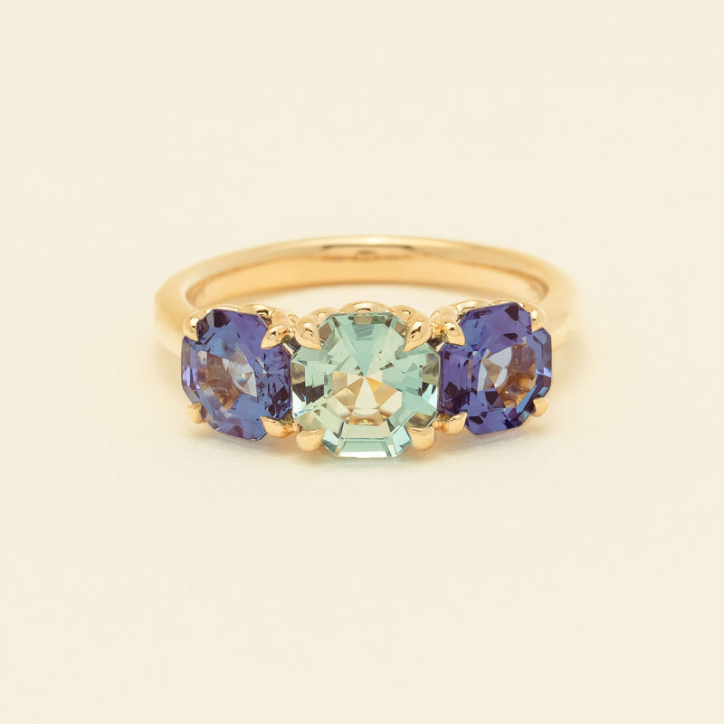 18ct Yellow Gold Aquamarine & Tanzanite Three Stone Octavia Ring - Ring - Walker & Hall