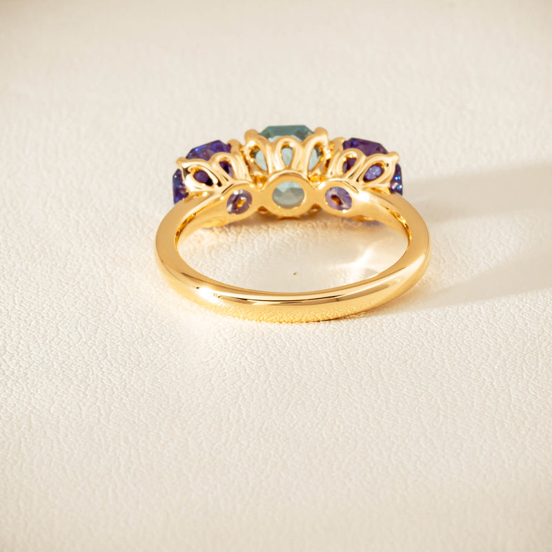 18ct Yellow Gold Aquamarine & Tanzanite Three Stone Octavia Ring - Ring - Walker & Hall
