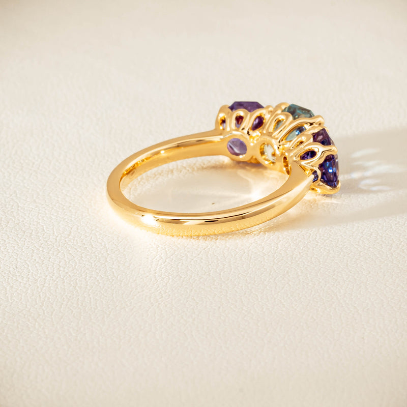 18ct Yellow Gold Aquamarine & Tanzanite Three Stone Octavia Ring - Ring - Walker & Hall