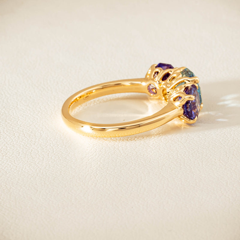 18ct Yellow Gold Aquamarine & Tanzanite Three Stone Octavia Ring - Ring - Walker & Hall