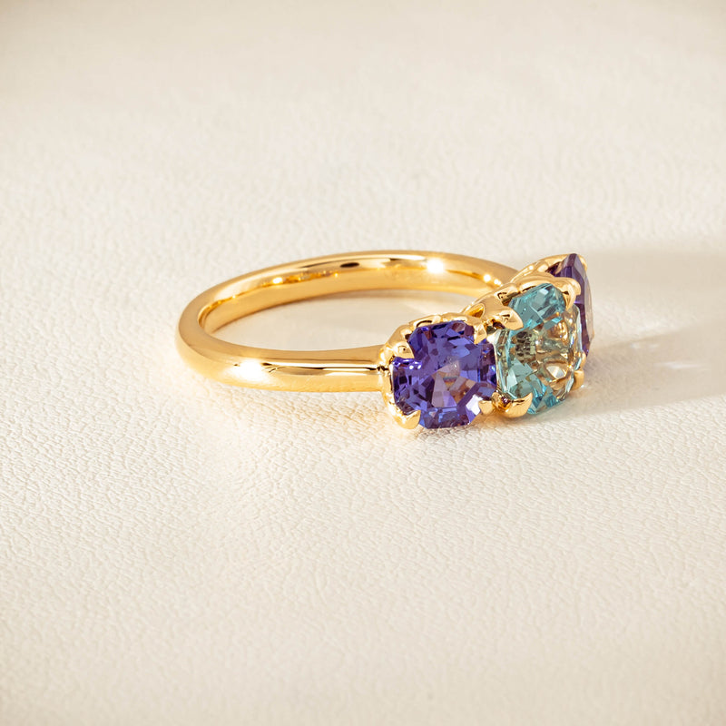 18ct Yellow Gold Aquamarine & Tanzanite Three Stone Octavia Ring - Ring - Walker & Hall